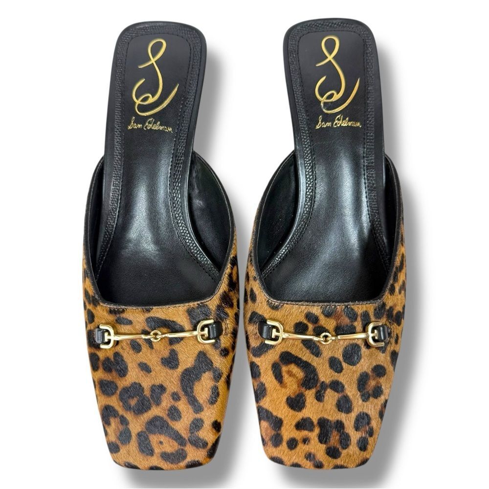 Sam Edelman Ollie Leopard Haircalf Square Toe Mules Heels Size 5.5 Mob Wife